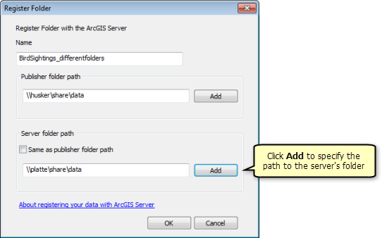 In the Register Folder window, click Add to specify the path to the server's folder.